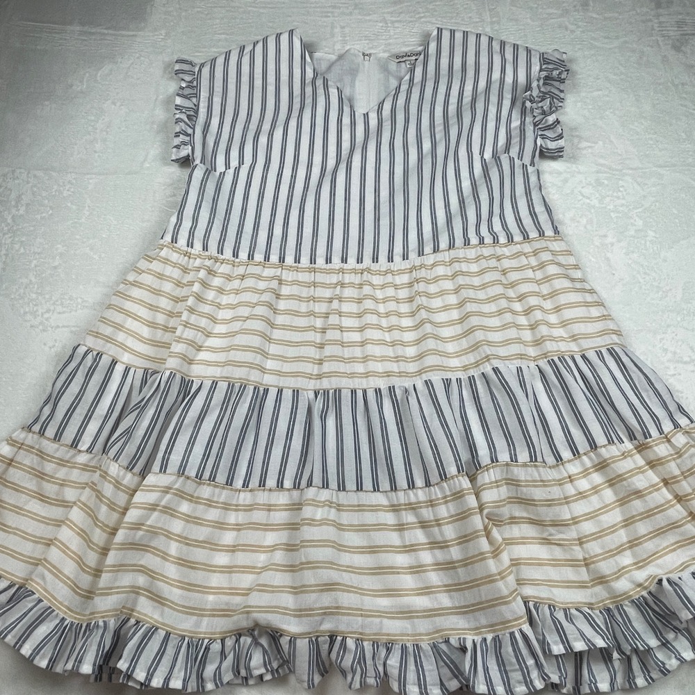 Davi &â Dani Womens Striped Tiered Babydoll Dress Blue Tan Ruffle Sleeve Large